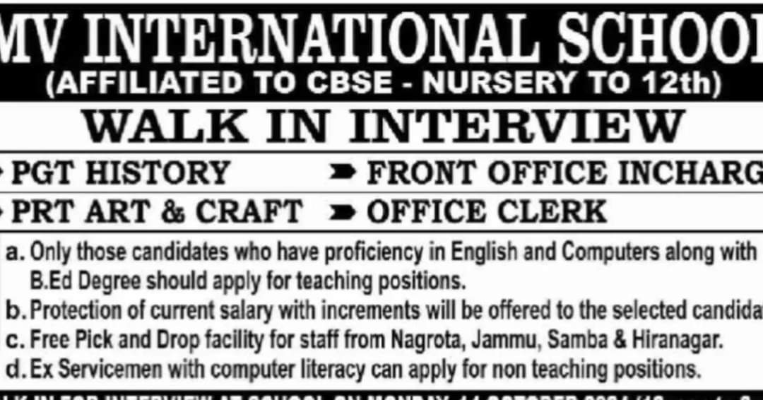 Jawahar Navodaya Vidyalaya (JNV) Reasi Walk-in Interview 2024