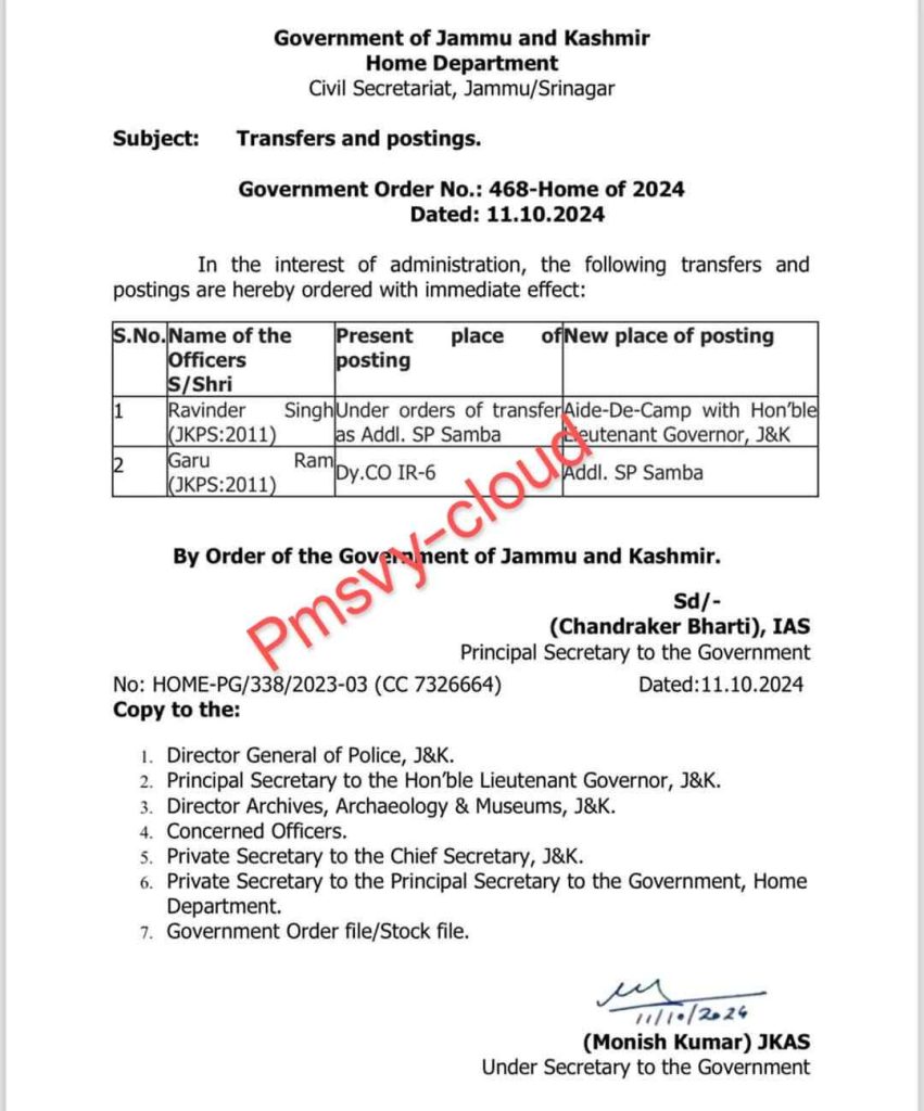 Jk Govt orders Transfer and posting of officers