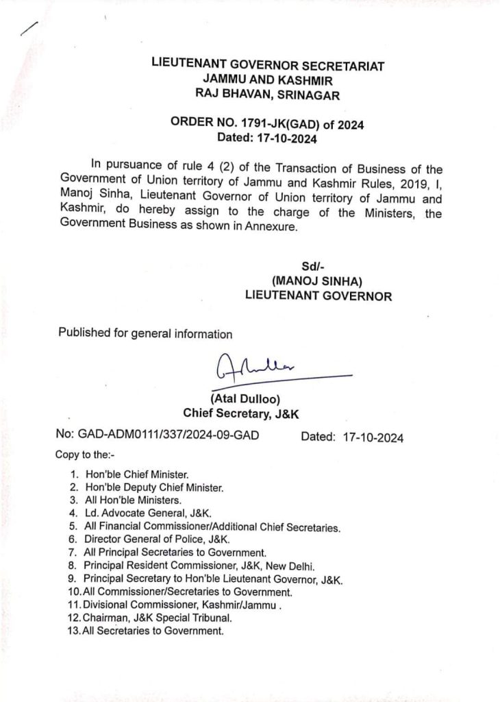 LG Sinha assign to the charge of the Ministers Government Business