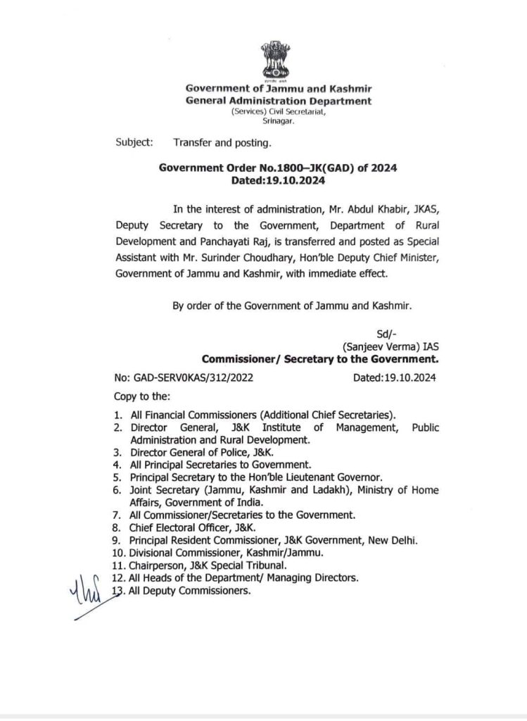 Transfer and posting Of JKAS Officers in jk