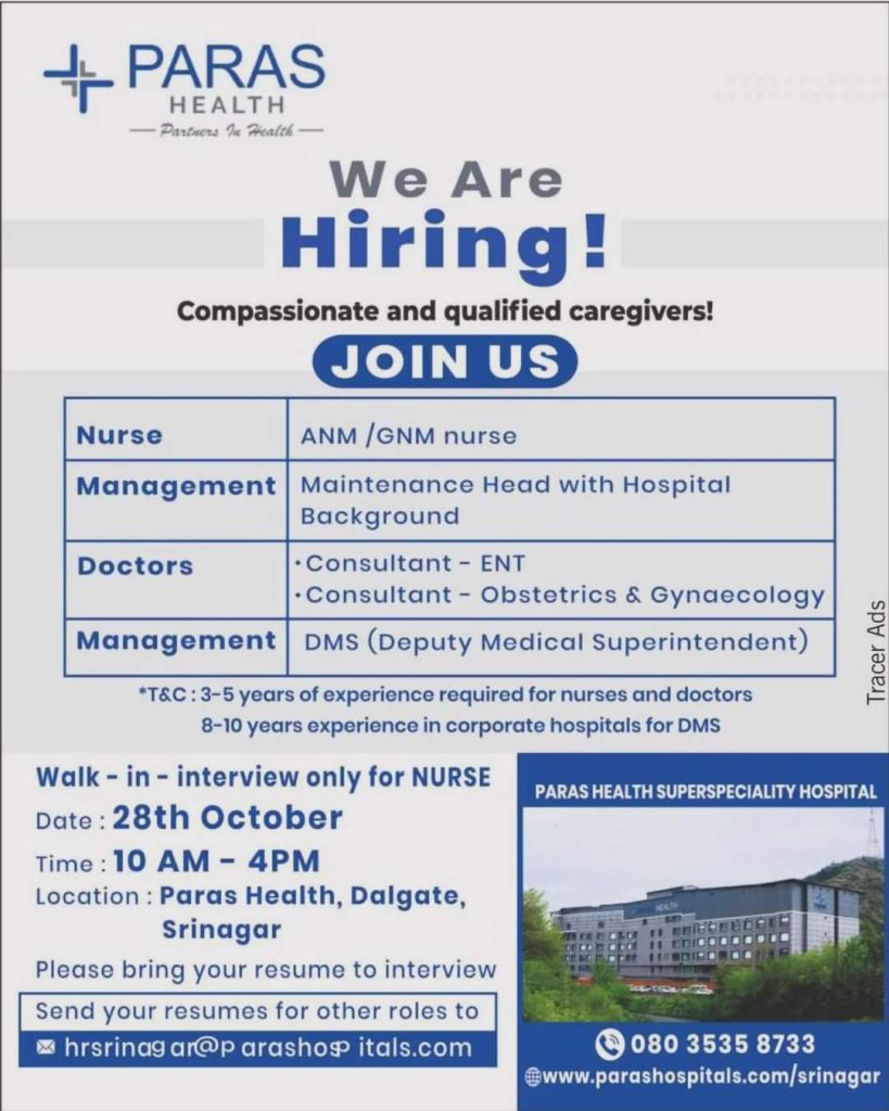 Job vacancies at Paras Health Hospital Srinagar, details in comments box