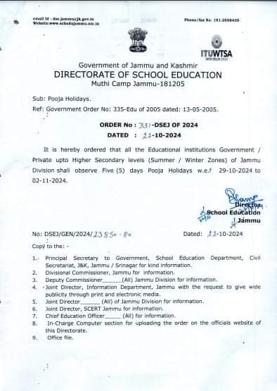 5-Day Diwali Break Only for Jammu Division Schools; Kashmir Division Schools Open as Usual