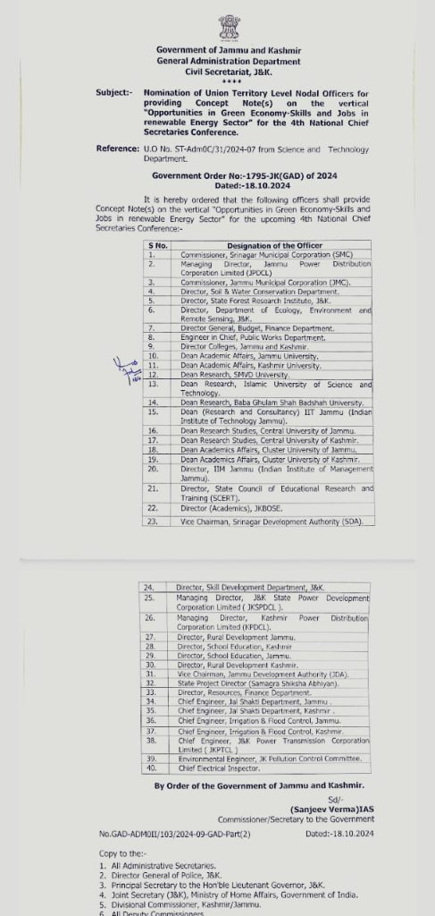 Nomination of Union Territory Level Nodal Officers for providing Concept Notes on the Vertical Opportunities in Green Economy-Skills and Jobs