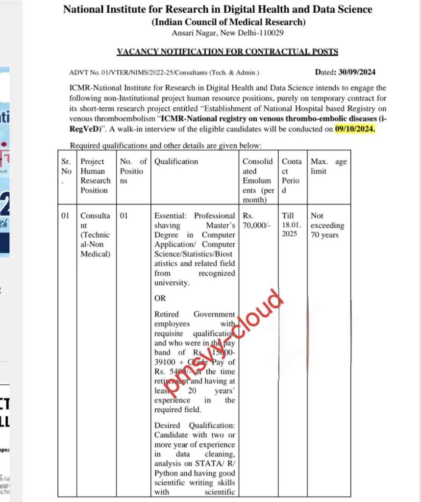 ICMR-NIRDHDS Recruitment 2024: Vacancy for Technical and Administrative Consultants