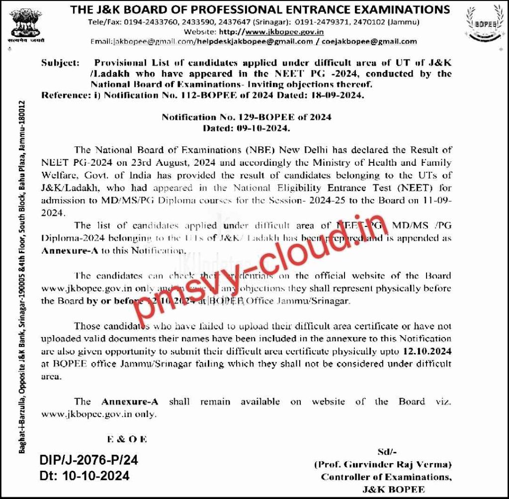 JKBOPEE Provisional List of NEET PG 2024 