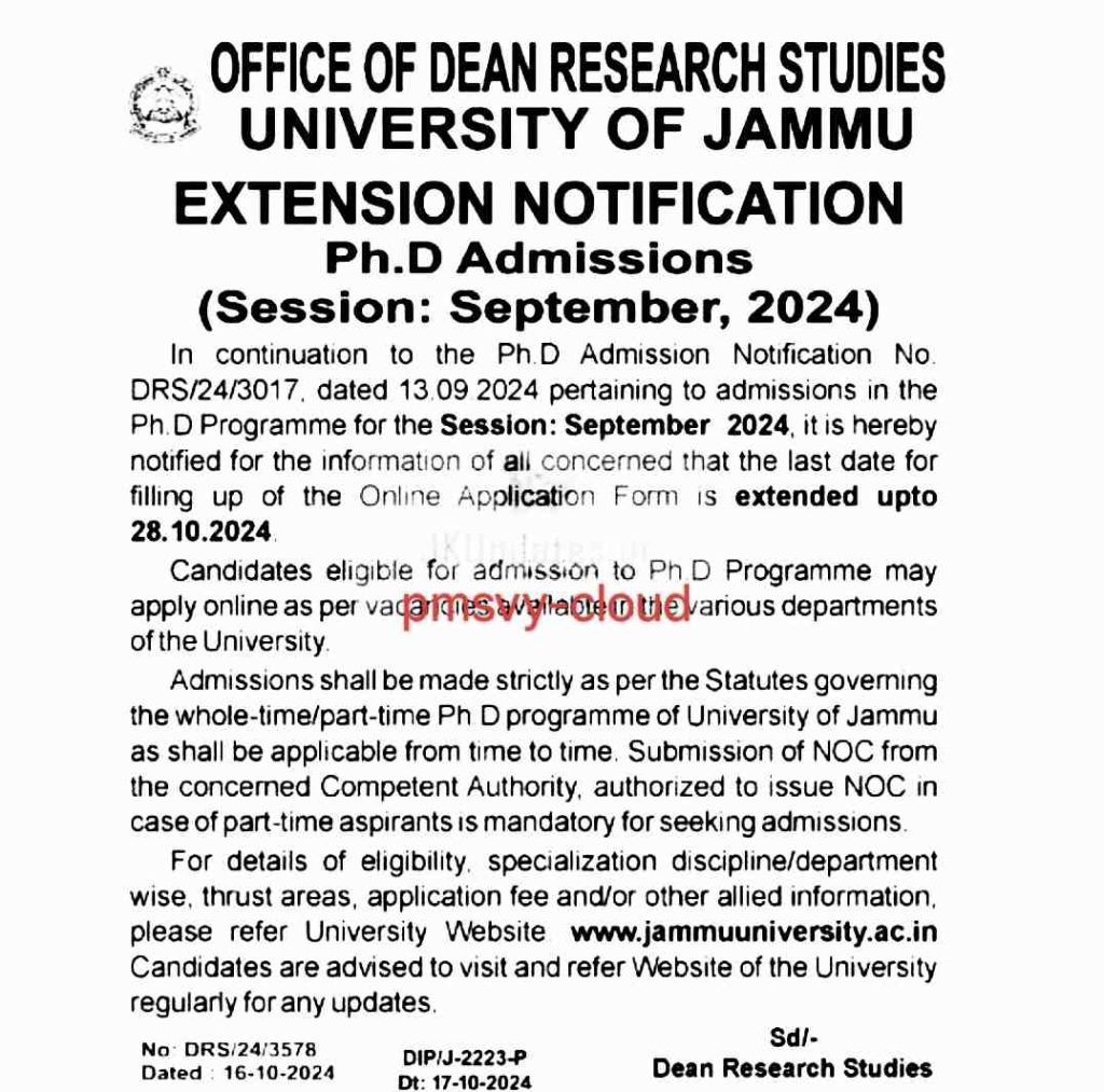University of Jammu Ph.D Admission Extension Notice