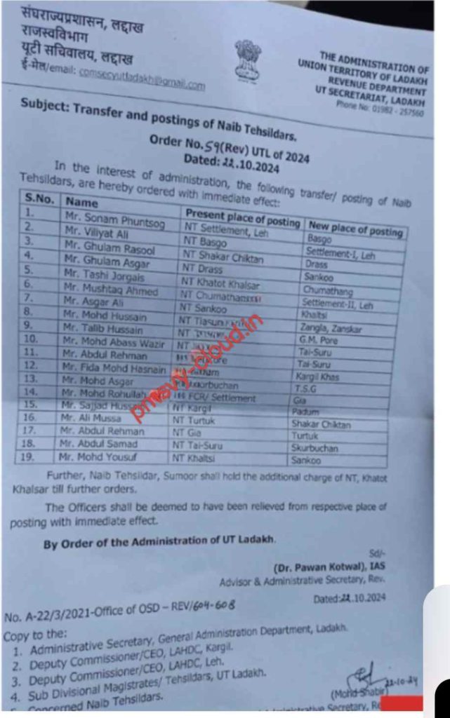 19 Naib Tehsildars Transfer and Posting in ladakh