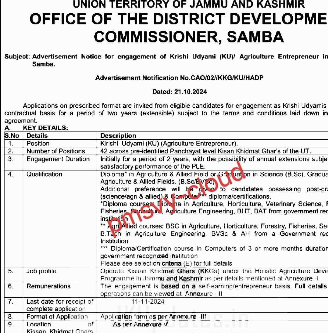 Job Engagement for Krishi Udyami/Agriculture Entrepreneur in District Samba