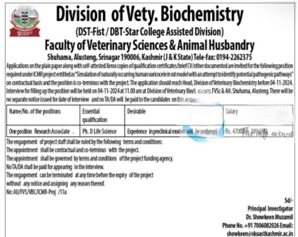 Research Associate Position at SKUAST Kashmir in Veterinary Biochemistry (2024) – Apply 
