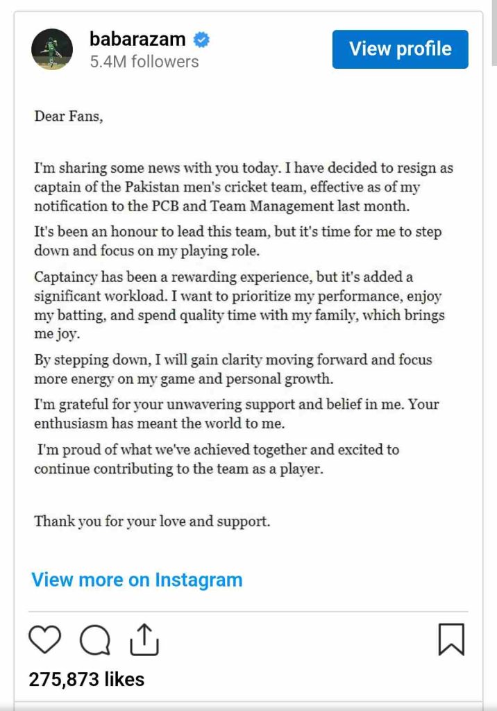 Babar Azam Resigns as Pakistan Captain