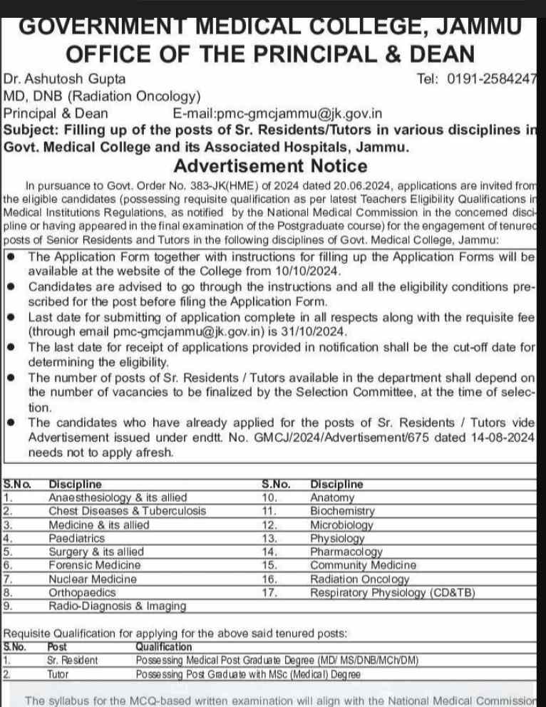 Recruitment for Senior Residents & Tutors in Govt. Medical College Jammu