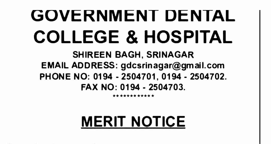 Govt. Dental College & Hospital Srinagar Announces Tentative Merit List for Registrar Positions