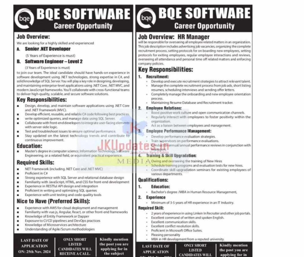 Job Vacancies for Various Posts in BQE Software, J&K