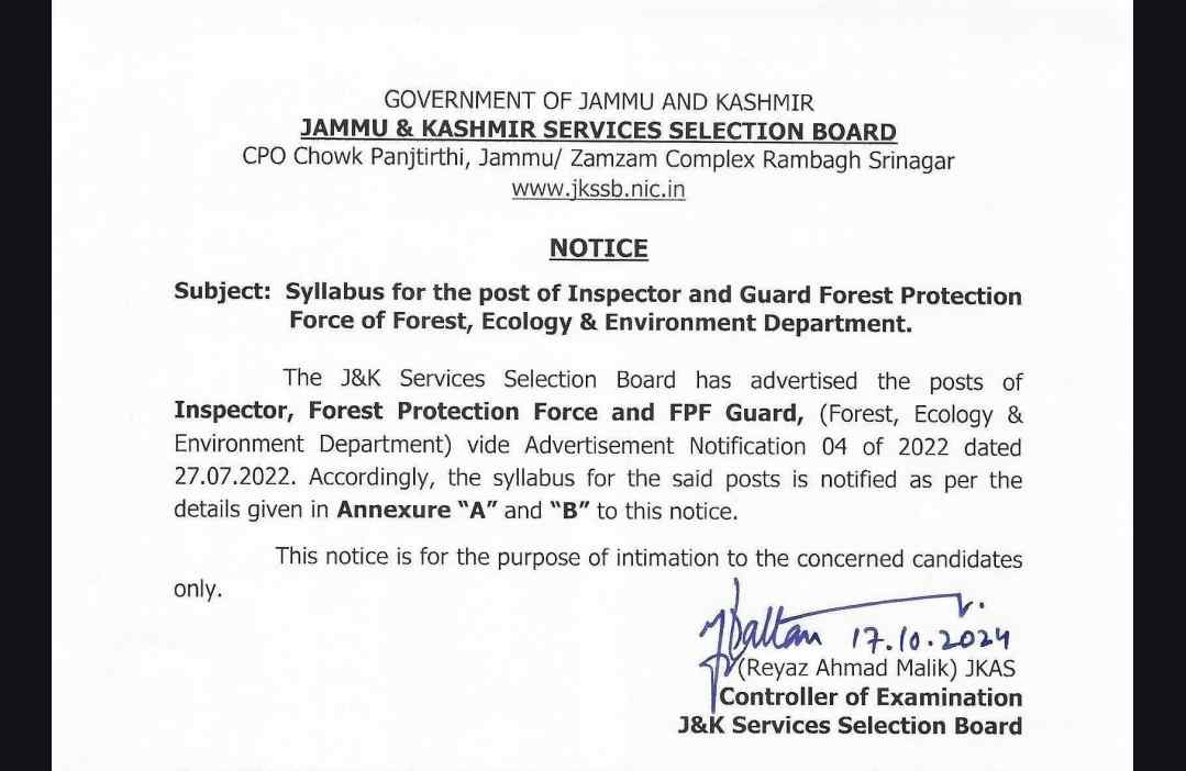 JKSSB Syllabus for Inspector and Guard Posts in Forest Protection Force