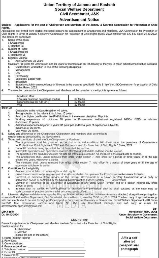Social Welfare Department J&K Recruitment 2024