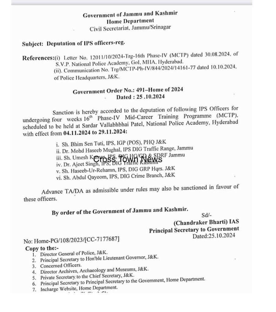 J&K Admin orders deputation of 6 IPS Officers