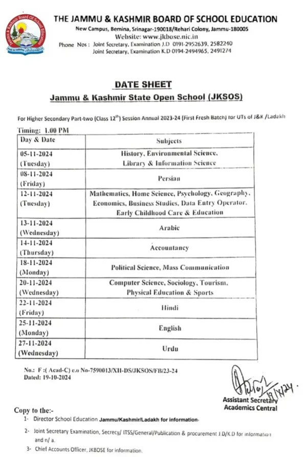 JKBOSE JKSOS Class 12th Date Sheet 2024 for Annual Session Released