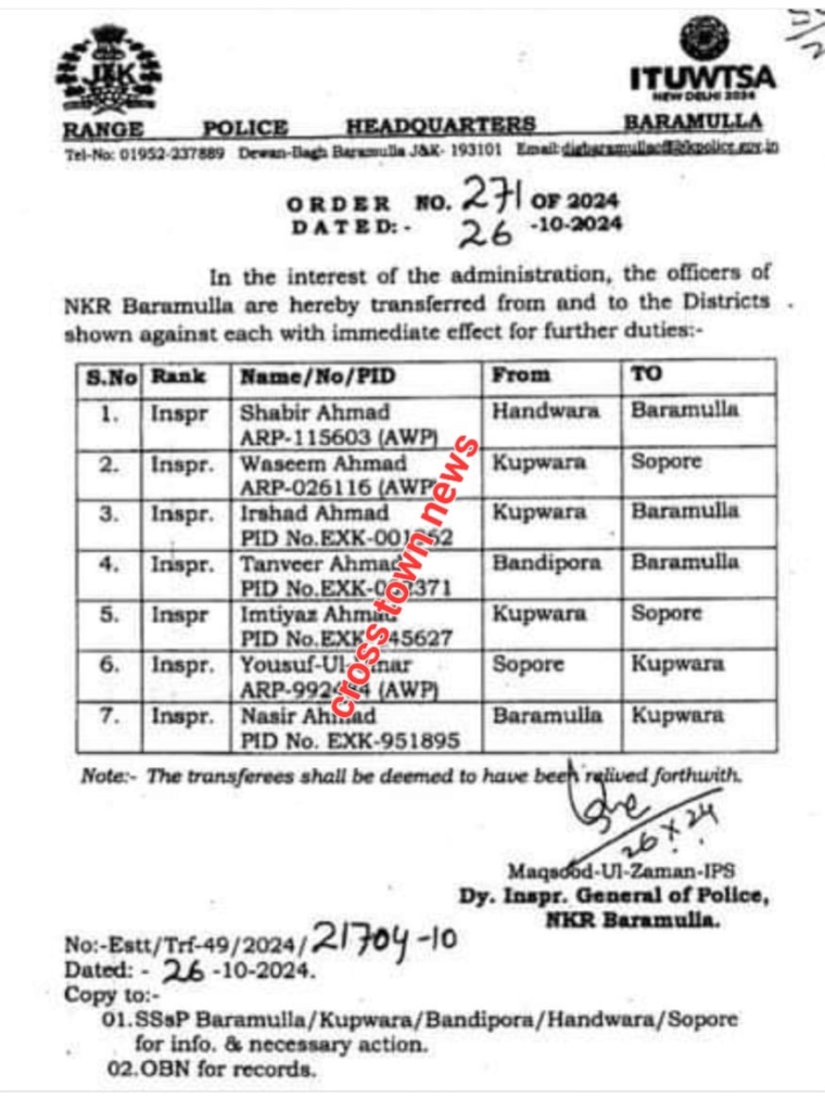 J&K DIG Issues Transfer and Posting Orders for Inspectors