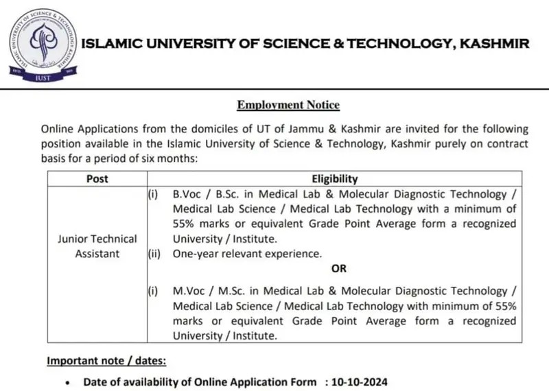 Islamic University of Science & Technology (IUST) in Kashmir Job Vacancies 2024