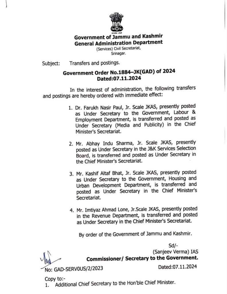 Four Jr Scale JKAS Officers Transferred And posted in CM secretariat