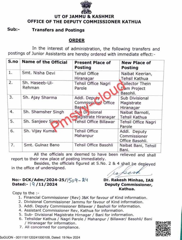 transfers and postings of Junior Assistants