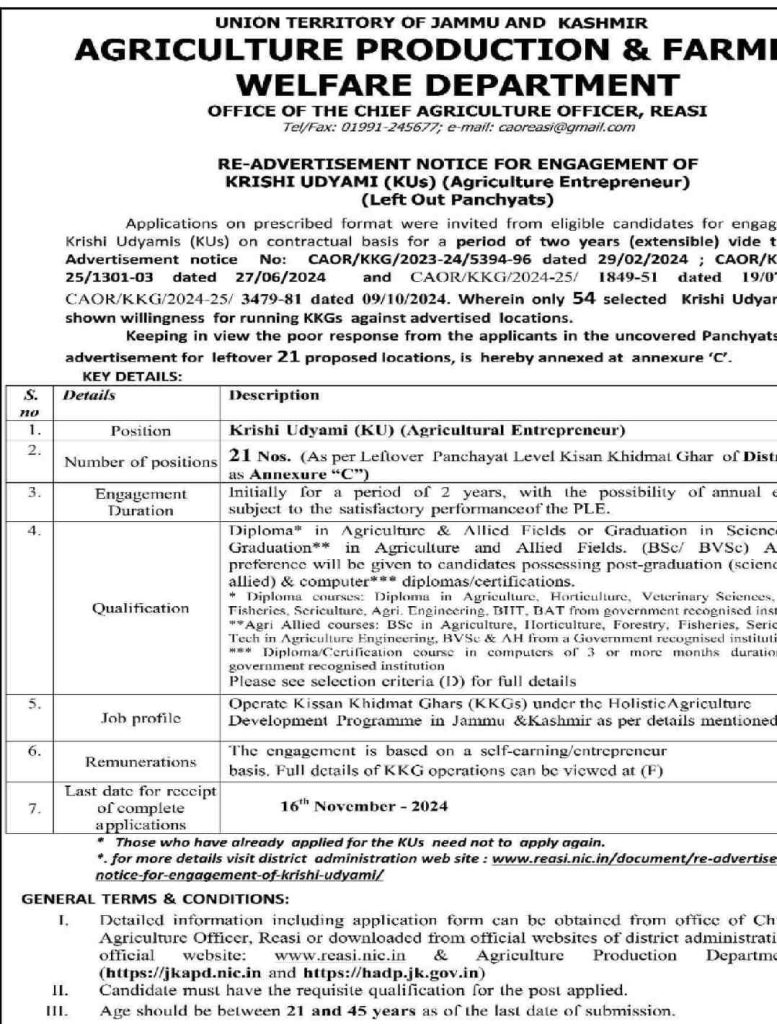 Krishi Udyami (Agriculture Entrepreneur) Recruitment in District Reasi