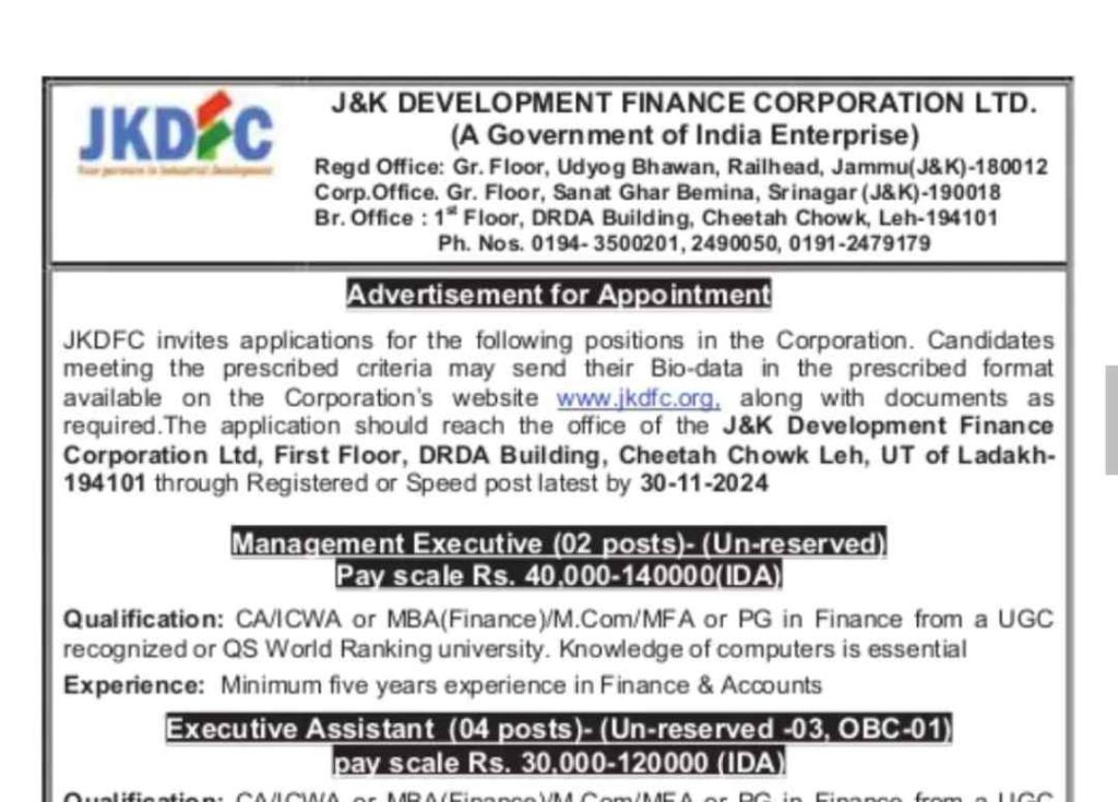 JK Development Finance Corporation Limited Recruitment 2024: Apply Now for Management Executive and Executive Assistant Positions