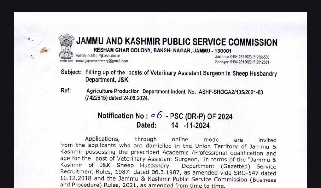 JKPSC Fresh Recruitment 2024: Veterinary Assistant Surgeon Posts