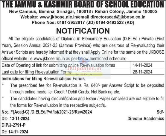 JKBOSE Notification: Re-evaluation Notice for D.El.Ed. Private (First Year