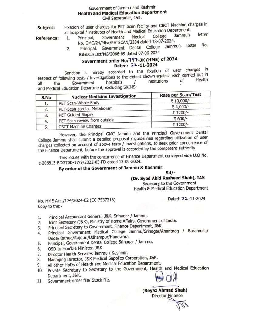 J&K Govt Sets Standard Charges for PET Scans and CBCT Tests in Government Hospitals