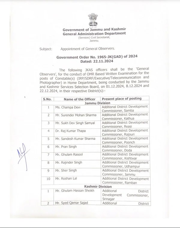 Jammu & Kashmir Appoints JKAS Officers as Observers for Constable Recruitment Exams 2024
