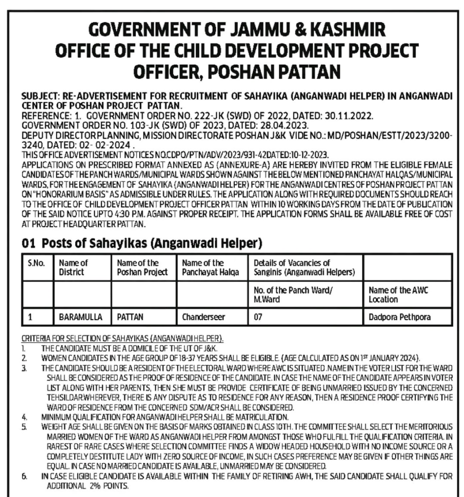 JK Recruitment Notification: Sahayika (Anganwadi Helper) for Poshan Project Pattan