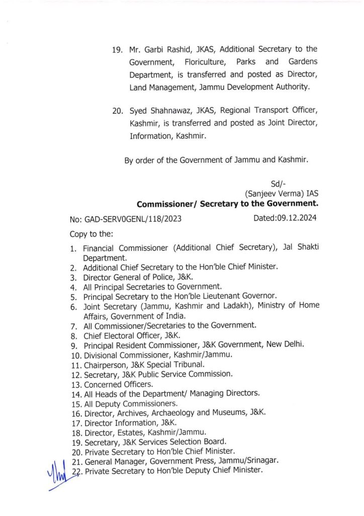 In the interest of administration, the following transfers and postings are hereby ordered with immediate effect:1. Mr. Mehmood Ahmad Shah, JKAS, Director, Handloom and Handicrafts, Kashmir, is transferred and posted as Managing Director, Kashmir Power Distribution Corporation Limited.2. Mr. Nisar Ahmad Wani, JKAS, awaiting orders of adjustment in the General Administration Department, is posted as Member, J&K Special Tribunal (Srinagar Bench).3. Dr. Ghulam Nabi Itoo, JKAS, Mission Director, Jal Jeevan Mission, is transferred and posted as Director, School Education, Kashmir.4. Mr. Gulzar Ahmad Dar, JKAS, Special Secretary to the Government, Housing and Urban Development Department, is transferred and posted as Special Secretary to the Government, School Education Department.