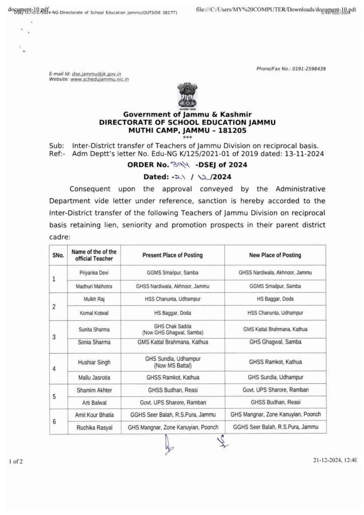 DSEJ approved inter-district transfer of 14 teachers within on a reciprocal basis