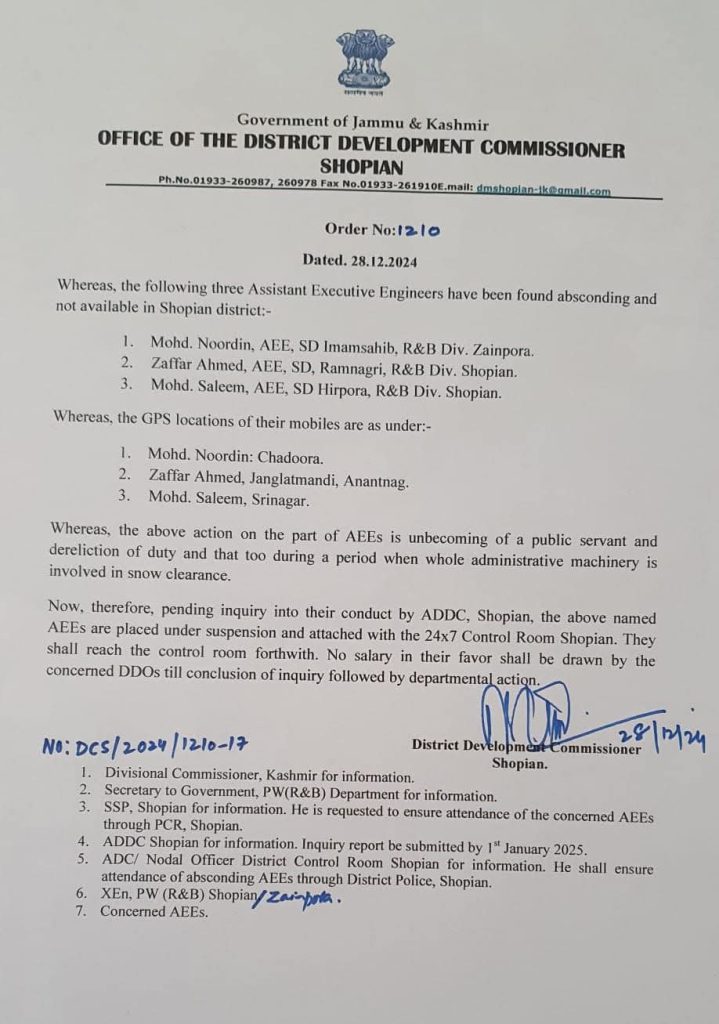 J&K  3 Engineers Suspended In Shopian For Absence During Snow Clearance Operations