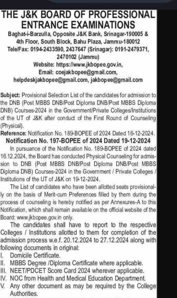 JKBOPEE Provisional Selection List for DNB Courses 2024