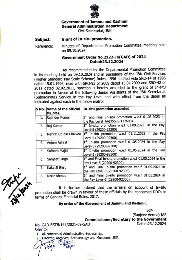 J&K Government Grants Promotions to Multiple Officers