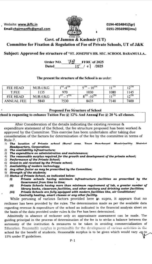Fee fixations committee approved the fee structure for St. Joseph's Hr. Sec. School, Baramulla