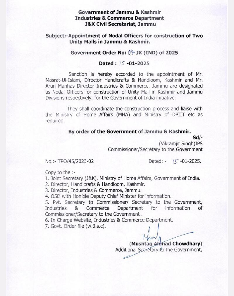Govt appoints Nodal Officers for construction of two Unity Malls in J&K
