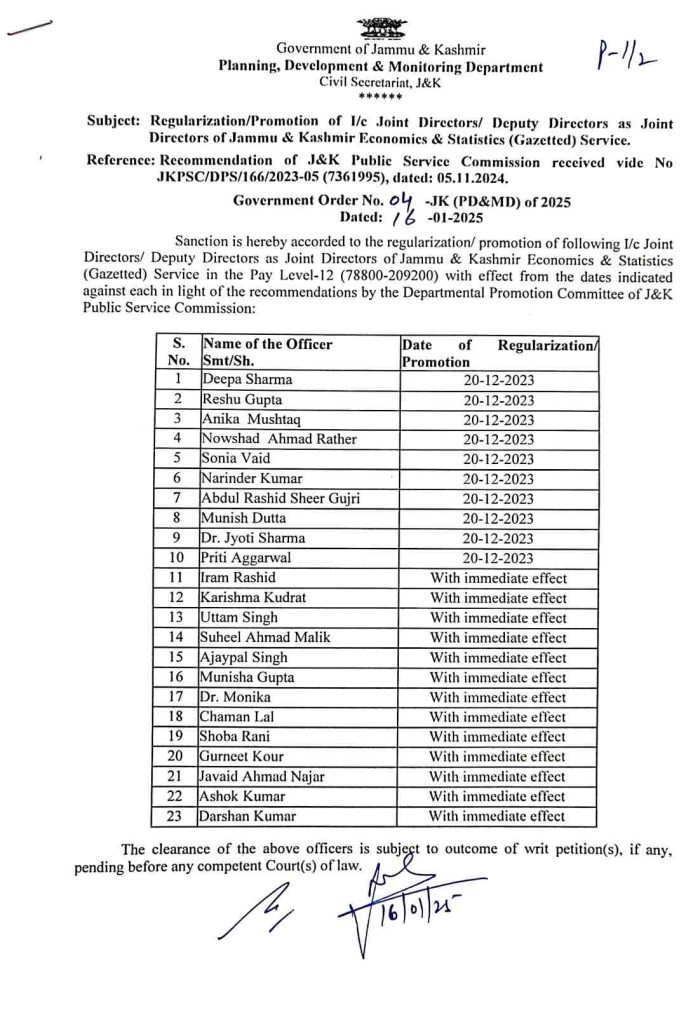 Jammu and Kashmir Government promotion of 23  Joint Directors and Deputy Directors