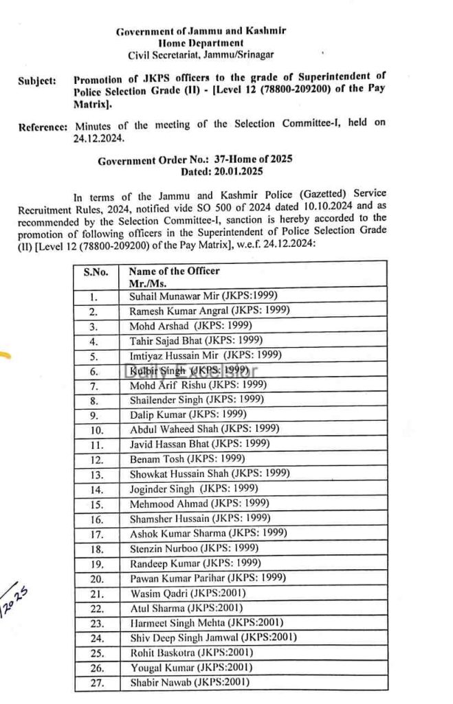 Promotion of 130 JKPS officers in Jammu and Kashmir