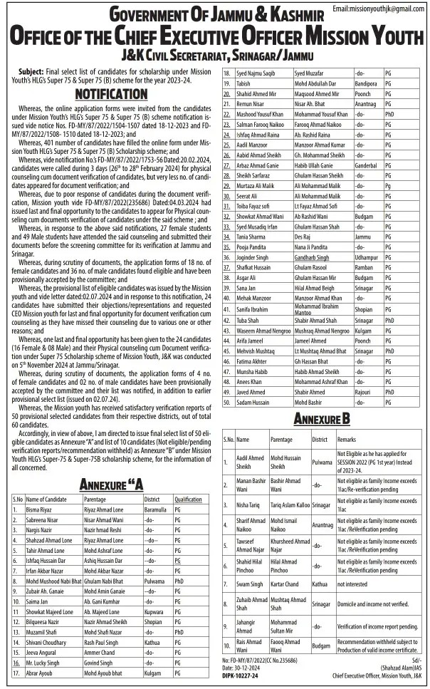 Government of Jammu & Kashmir Announces Final Selection List for Mission Youth’s HLG