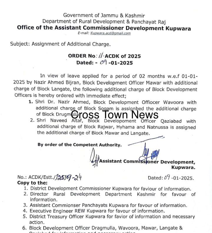DC Kupwara Ayushi Sudan Assigns Additional Charge to BDOs in Key Blocks