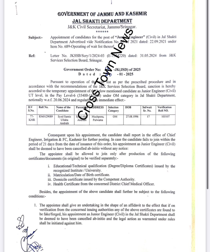 Appointment as Junior Engineer in Jammu and Kashmir: Order Issued on January 22, 2025