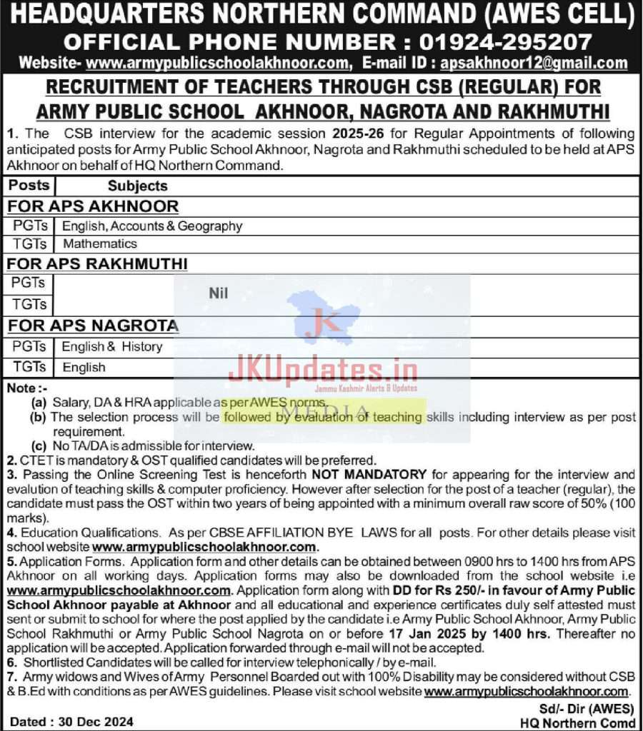 Army Public Schools Akhnoor, Nagrota, and Rakhmuthi recruitment 2025
