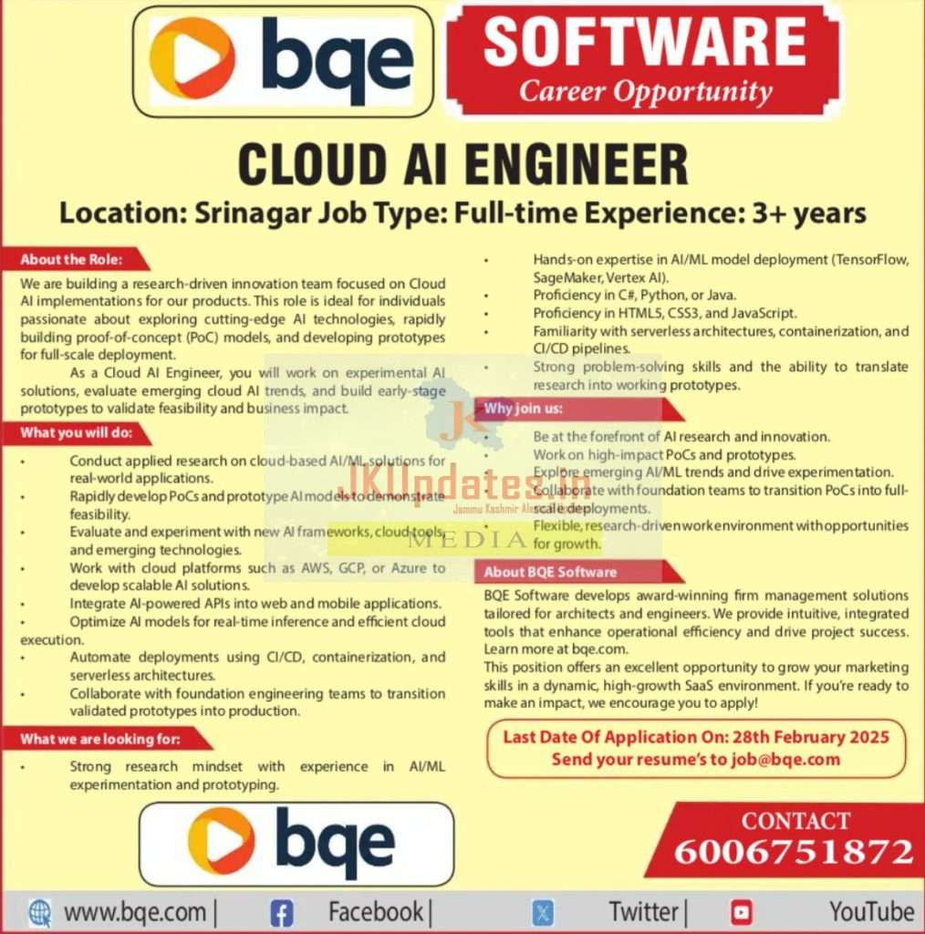 BQE Software Hiring Cloud AI Engineers in Srinagar