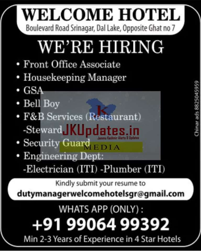 Job Recruitment at Welcome Hotel Srinagar