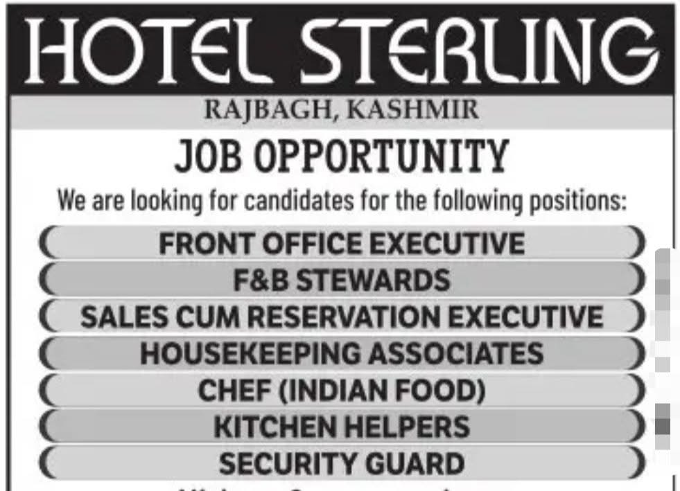 Hotel Sterling Srinagar Recruitment apply now