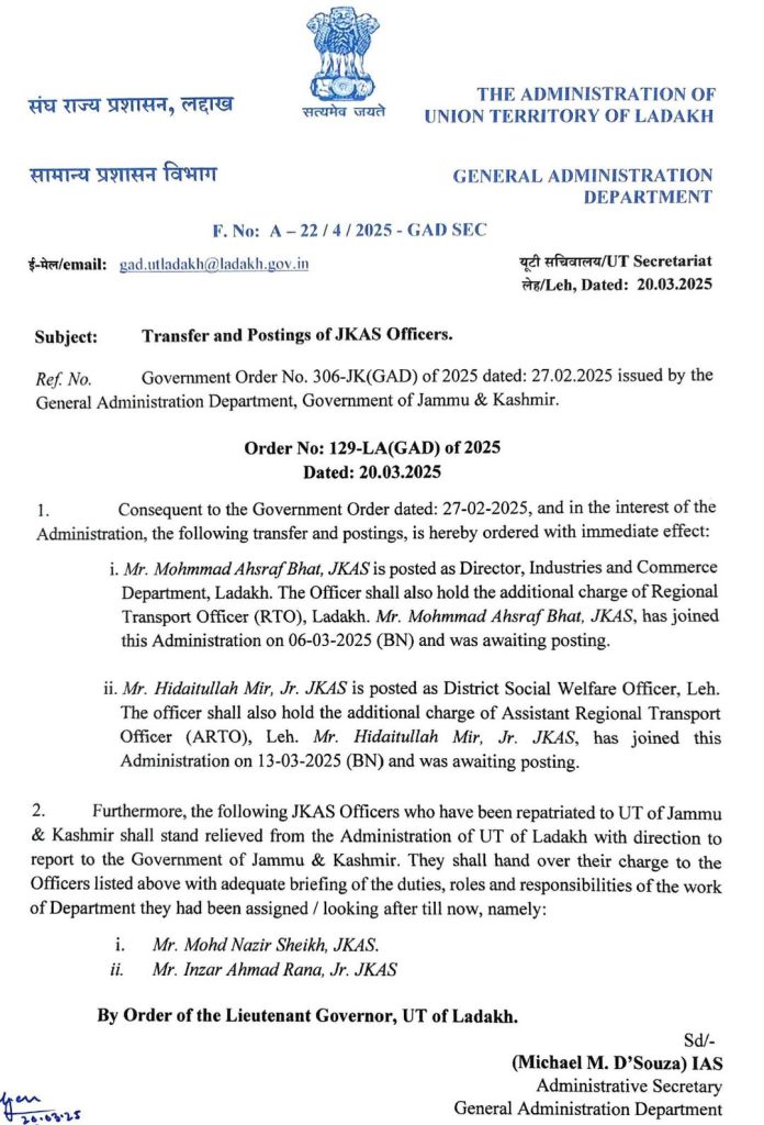 Transfer and Postings of JKAS Officers.immediate effect:i. Mr. Mohmmad Ahsraf Bhat, JKAS is posted as Director, Industries and 