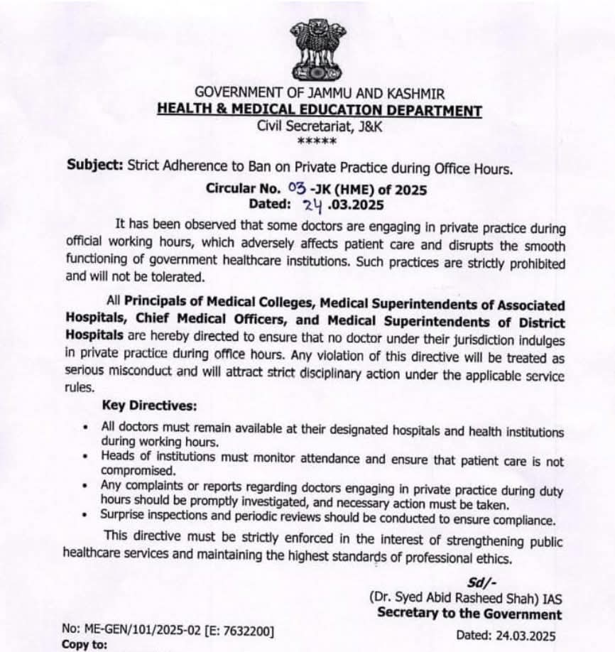 Government issues instructions regarding Private practise of Doctors during duty hours